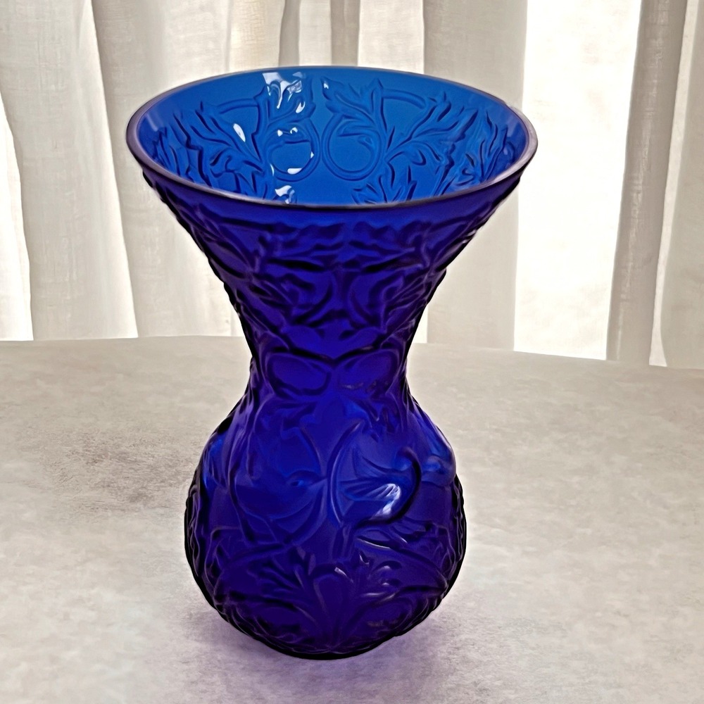 Vintage Lalique Signed Cobalt Blue Crystal Arabesque Vase Birds Paris France